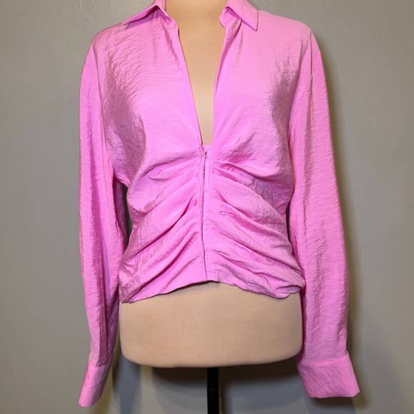 Zara Hot Pink Fluid Ruched Shirt Top Blouse Corseted Button Up Front - Picture 1 of 13